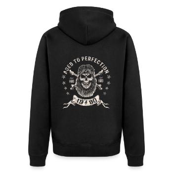 1980 Geburtstag Aged to perfection Rock Hard - Unisex Premium Bio Zip Hoodie - Schwarz - Hinten - Nico (187cm)