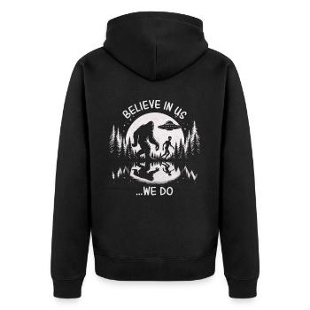 Believe in Us... We Do - Bigfoot and Alien - Unisex Premium Organic Zip Hoodie - black - Back - Nico (187cm)