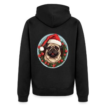 A cute dog of the Pug breed celebrating Christmas - Unisex Premium Organic Zip Hoodie - black - Back - Nico (187cm)