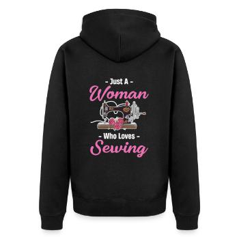 Just a woman who loves to sew - Unisex Premium Organic Zip Hoodie - black - Back - Nico (187cm)