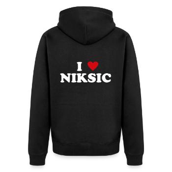 Herz Montenegro Stadt - Ich Liebe Niksic - Unisex Premium Bio Zip Hoodie - Schwarz - Hinten - Nico (187cm)
