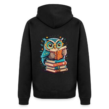 Wise Owl in Reading Paradise: Unique Design - Unisex Premium Organic Zip Hoodie - black - Back - Nico (187cm)