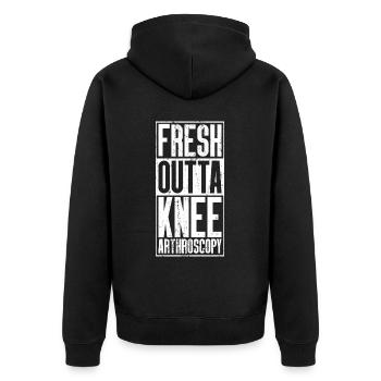 Frische Outta -Operation - Kniearthroskopie - Unisex Premium Bio Zip Hoodie - Schwarz - Hinten - Nico (187cm)