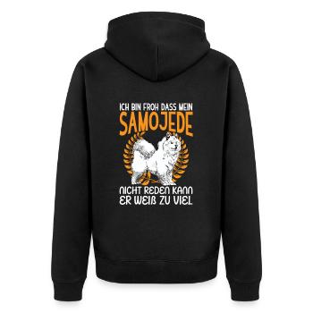 Mein Samojede weiß zu viel Samojedenspitz - Unisex Premium Bio Zip Hoodie - Schwarz - Hinten - Nico (187cm)