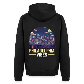Philadelphia City, Pennsylvania, Vereinigte Staaten - Unisex Premium Bio Zip Hoodie - Schwarz - Hinten - Nico (187cm)