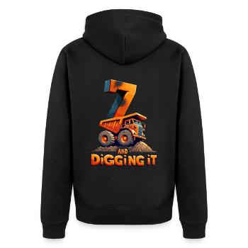 Lucky Number 7 Excavator Birthday Design for Kids - Unisex Premium Organic Zip Hoodie - black - Back - Nico (187cm)