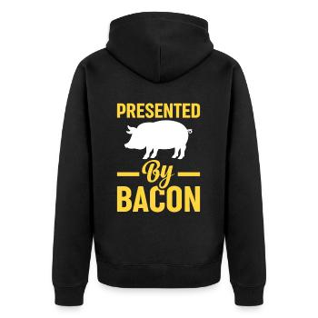 Presented By Bacon Schwein Schinken Tier Kultur - Unisex Premium Bio Zip Hoodie - Schwarz - Hinten - Nico (187cm)