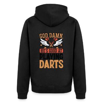 he's good at playing darts - Unisex Premium Bio Zip Hoodie - Schwarz - Hinten - Nico (187cm)