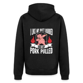 BBQ Pulled Pork Schwein Grill - Unisex Premium Bio Zip Hoodie - Schwarz - Hinten - Nico (187cm)