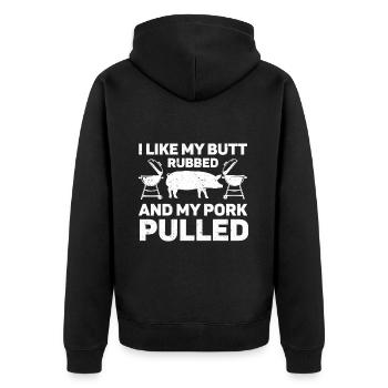 BBQ Pulled Pork Schwein Grill - Unisex Premium Bio Zip Hoodie - Schwarz - Hinten - Nico (187cm)