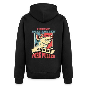BBQ Pulled Pork Schwein Grill - Unisex Premium Bio Zip Hoodie - Schwarz - Hinten - Nico (187cm)