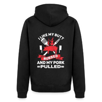BBQ Pulled Pork Schwein Grill - Unisex Premium Bio Zip Hoodie - Schwarz - Hinten - Nico (187cm)