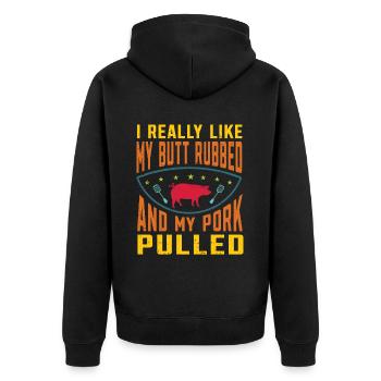 BBQ Pulled Pork Schwein Grill - Unisex Premium Bio Zip Hoodie - Schwarz - Hinten - Nico (187cm)