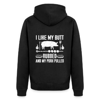 BBQ Pulled Pork Schwein Grill - Unisex Premium Bio Zip Hoodie - Schwarz - Hinten - Nico (187cm)