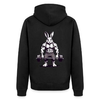 Lustiger Muskel Hase mit Langhantel Design - Unisex Premium Bio Zip Hoodie - Schwarz - Hinten - Nico (187cm)