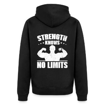 Strength Knows No Limits Empowering Workout Fitnes - Unisex Premium Bio Zip Hoodie - Schwarz - Hinten - Nico (187cm)