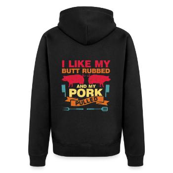 BBQ Pulled Pork Schwein Grill - Unisex Premium Bio Zip Hoodie - Schwarz - Hinten - Nico (187cm)