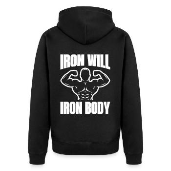 Iron Will Iron Body Weightlifting Workout Exercise - Unisex Premium Bio Zip Hoodie - Schwarz - Hinten - Nico (187cm)