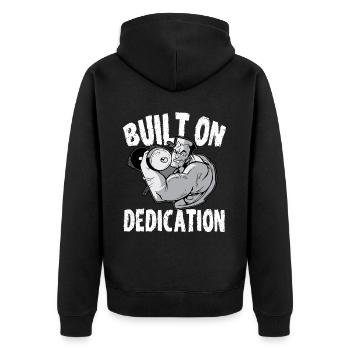 Built On Dedication Weightlifting Workout Gym - Unisex Premium Bio Zip Hoodie - Schwarz - Hinten - Nico (187cm)