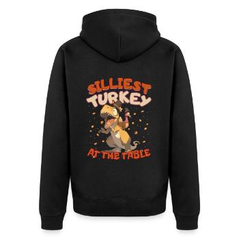 Thanksgiving T-Rex Silliest Turkey at the Table - Unisex Premium Bio Zip Hoodie - Schwarz - Hinten - Nico (187cm)