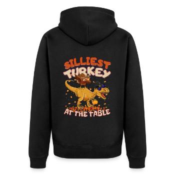 Thanksgiving T-Rex Silliest Turkey at the Table - Unisex Premium Bio Zip Hoodie - Schwarz - Hinten - Nico (187cm)