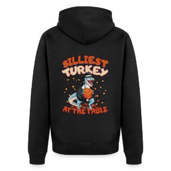 Thanksgiving T-Rex Silliest Turkey at the Table - Unisex Premium Bio Zip Hoodie - Schwarz - Hinten - Nico (187cm)