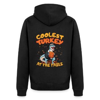 Thanksgiving T-Rex Coolest Turkey at the Table - Unisex Premium Bio Zip Hoodie - Schwarz - Hinten - Nico (187cm)