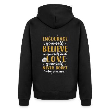 Ermutigen Sie Glauben, Dass Liebe Niemals Zweifelt - Unisex Premium Bio Zip Hoodie - Schwarz - Hinten - Nico (187cm)