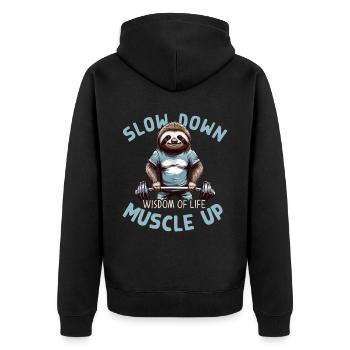 Paresseux Workout Dire Fitness avec un sourire - Veste à capuche bio Premium Unisexe - noir - Dos - Nico (187cm)