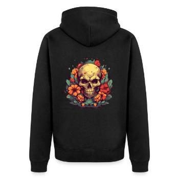 Gartenblumen und Schädel und bunte Blumen - Unisex Premium Bio Zip Hoodie - Schwarz - Hinten - Nico (187cm)