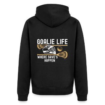 Lacrosse Torwart Lacrosse Handschuhe Kleben Locker - Unisex Premium Bio Zip Hoodie - Schwarz - Hinten - Nico (187cm)