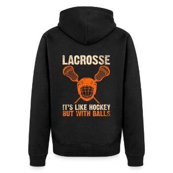 Lacrosse Torwart Lacrosse Handschuhe Kleben Locker - Unisex Premium Bio Zip Hoodie - Schwarz - Hinten - Nico (187cm)