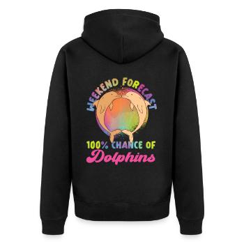 Dolphin Weekend Forecast: 100% - Unisex Premium Bio Zip Hoodie - Schwarz - Hinten - Nico (187cm)