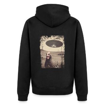 Lustiger Hahn und Huhn mit UFO Retro Vintage Alien - Unisex Premium Bio Zip Hoodie - Schwarz - Hinten - Nico (187cm)