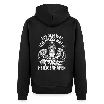Aus dem Weg ich muss nach Heiligenhafen - Unisex Premium Bio Zip Hoodie - Schwarz - Hinten - Nico (187cm)