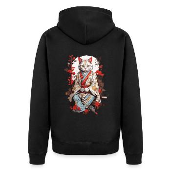 Japanische Kimono Katze Ukiyo-E Katzen Design - Unisex Premium Bio Zip Hoodie - Schwarz - Hinten - Nico (187cm)