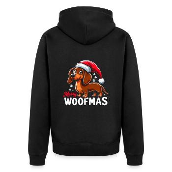 Weihnachtshund Merry Woofmas Weihnachtsdackel - Unisex Premium Bio Zip Hoodie - Schwarz - Hinten - Nico (187cm)