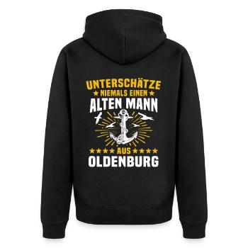 Oldenburg Unterschätze Oldenburger Mann - Unisex Premium Bio Zip Hoodie - Schwarz - Hinten - Nico (187cm)