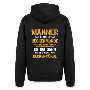 Ueckermünde Mann Ueckermünder Männer - Unisex Premium Bio Zip Hoodie - Schwarz - Hinten - Nico (187cm)