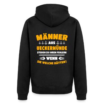 Ueckermünde Mann Ueckermünder Männer - Unisex Premium Bio Zip Hoodie - Schwarz - Hinten - Nico (187cm)