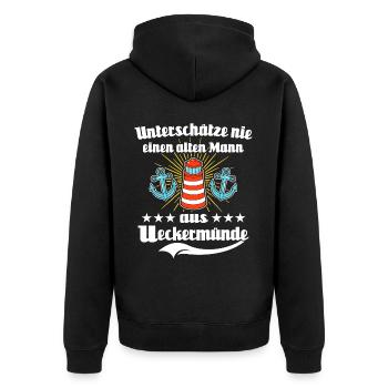 Ueckermünde Mann Ueckermünder Männer - Unisex Premium Bio Zip Hoodie - Schwarz - Hinten - Nico (187cm)
