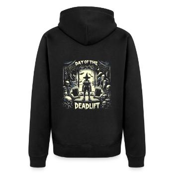 Tödlicher Deadlifter Horror: Bodybuilding und - Unisex Premium Bio Zip Hoodie - Schwarz - Hinten - Nico (187cm)