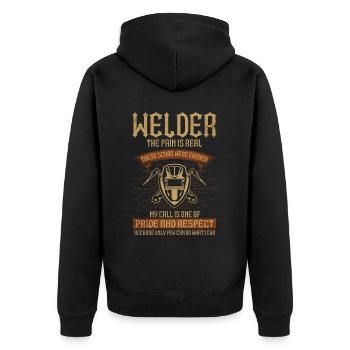 Schweißschweißarbeiterin Metallbearbeitungs - Unisex Premium Bio Zip Hoodie - Schwarz - Hinten - Nico (187cm)