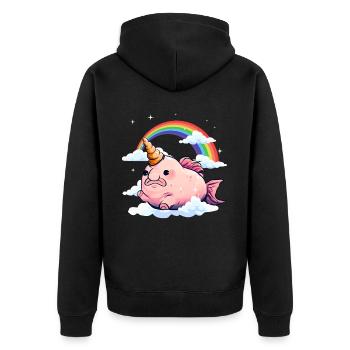 Kawaii Blobfisch Einhorn Regenbogen - Unisex Premium Bio Zip Hoodie - Schwarz - Hinten - Nico (187cm)