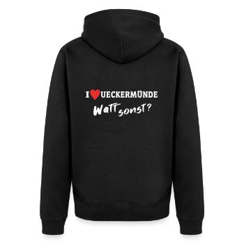 Ich Liebe Ueckermünde - Unisex Premium Bio Zip Hoodie - Schwarz - Hinten - Nico (187cm)
