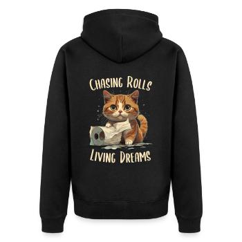 Cat Joy: Toilet Paper Dance - Unisex Premium Organic Zip Hoodie - black - Back - Nico (187cm)