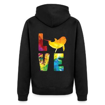 Dolphin Watercolor Love - Unisex Premium Bio Zip Hoodie - Schwarz - Hinten - Nico (187cm)