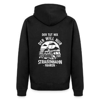 Trambahn Bimmelbahn Straßenbahn Spruch Stadtbahnfa - Unisex Premium Bio Zip Hoodie - Schwarz - Hinten - Nico (187cm)
