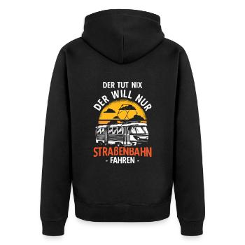 Trambahn Bimmelbahn Straßenbahn Spruch Stadtbahnfa - Unisex Premium Bio Zip Hoodie - Schwarz - Hinten - Nico (187cm)