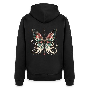 Zen Flügel: Japanischer Schmetterling - Unisex Premium Bio Zip Hoodie - Schwarz - Hinten - Nico (187cm)